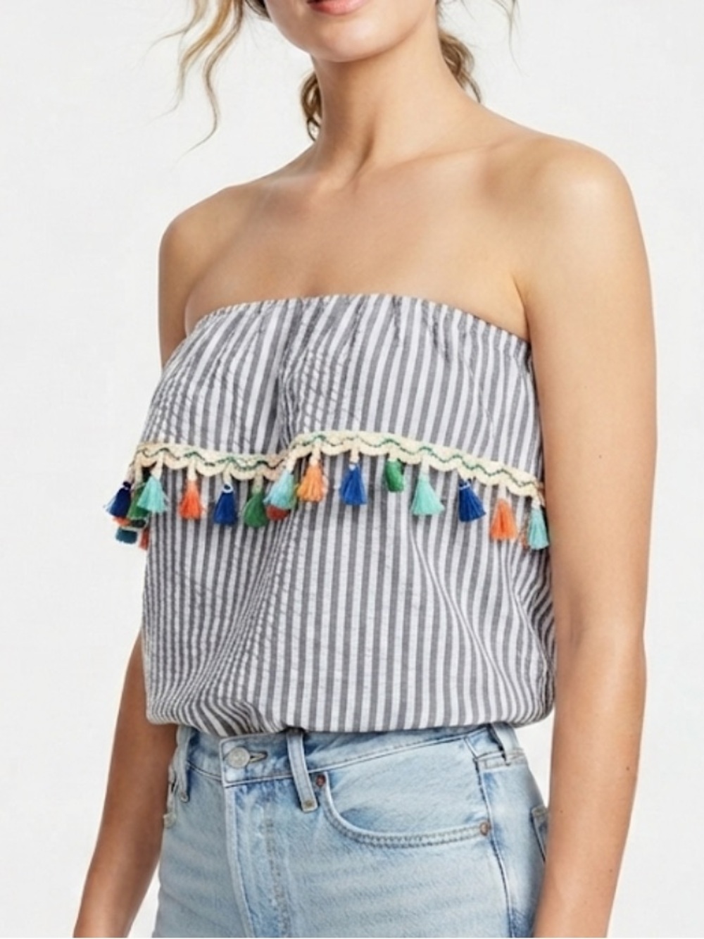 Tube top Striped Tassel Trim - Multicolor Tassel on Gray/White Size Large